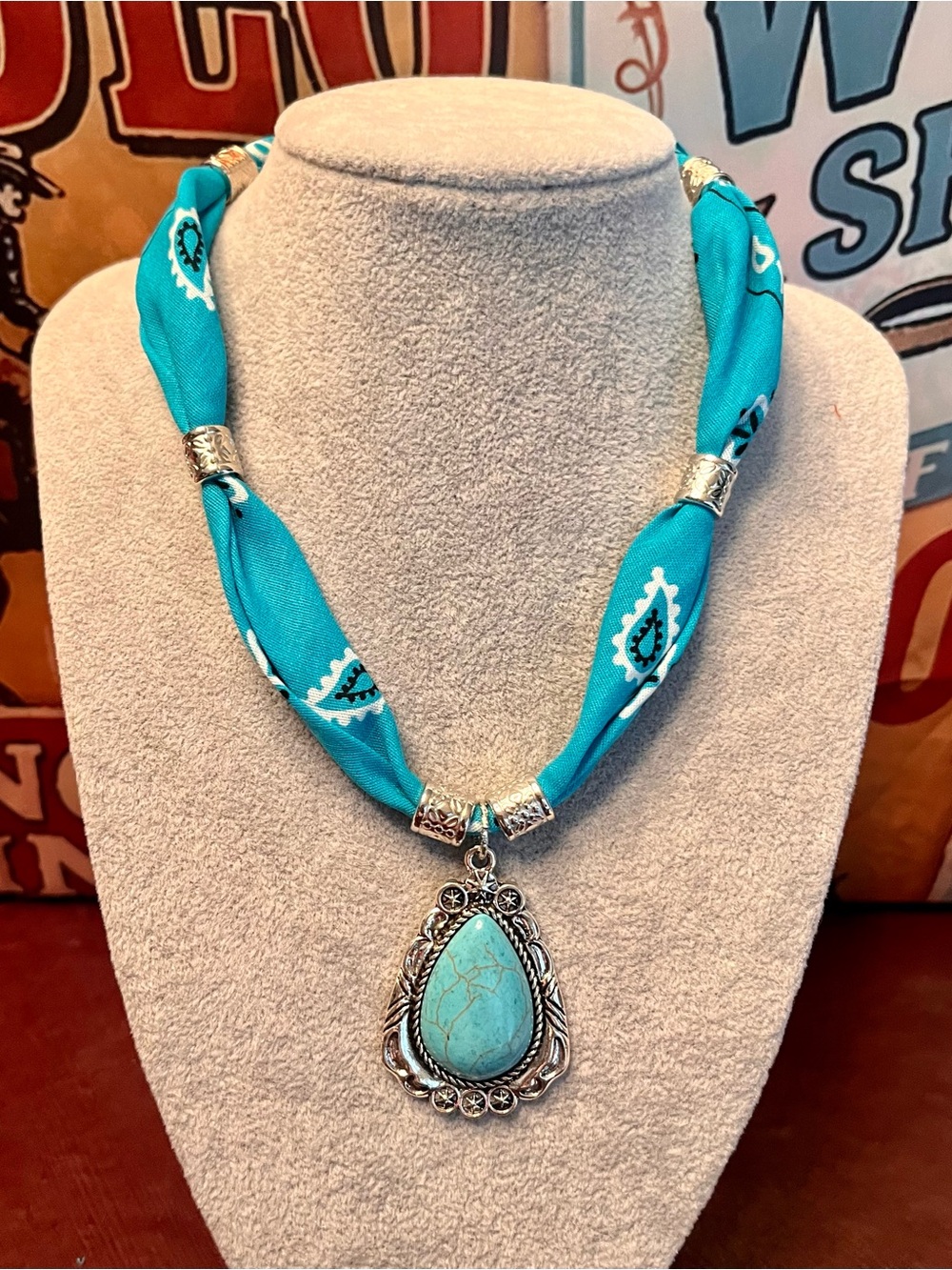 Turquoise Teardrop Pendant Necklace - Blue Bandana Style